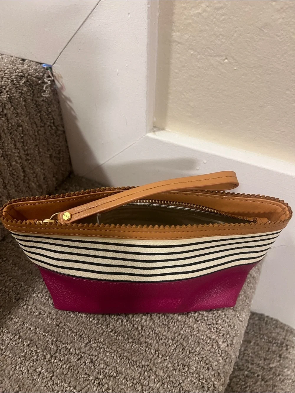 Striped Magenta Wristlet Pouch with Tan Accent